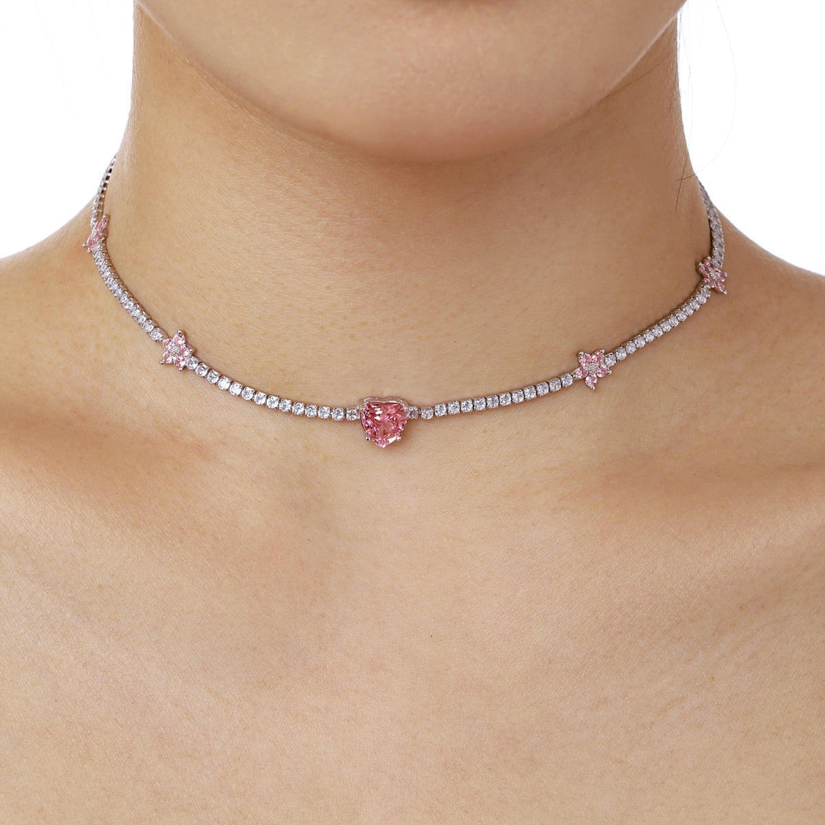 [Kincade Jewelery]Dazzling Pink Heart Flower Necklace
