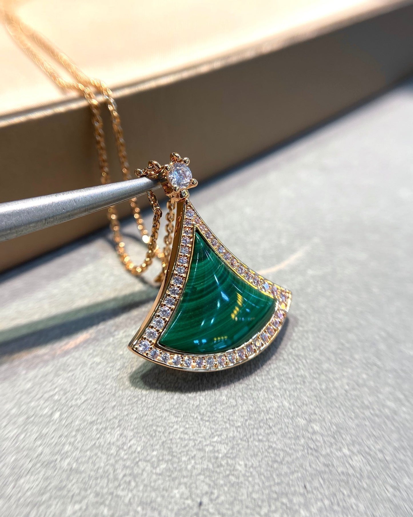 [Kincade Jewelery]DREAM MALACHITE DIAMOND PAVED PINK GOLD NECKLACE