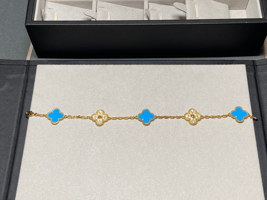 [Kincade Jewelery]Kincade 5 MOTIF BLUE CHALCEDONY DIAMOND GOLD BRACELET