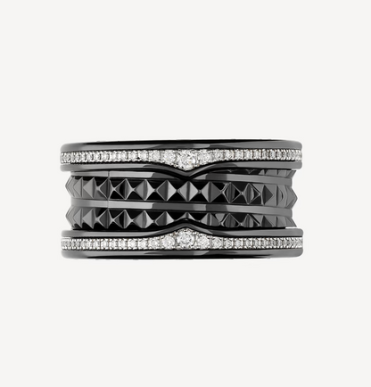 [Kincade Jewelery]ZERO 1 ROCK FOUR-BAND BLACK CERAMIC WITH STUDDED SPIRAL AND PAVED DIAMONDS RING
