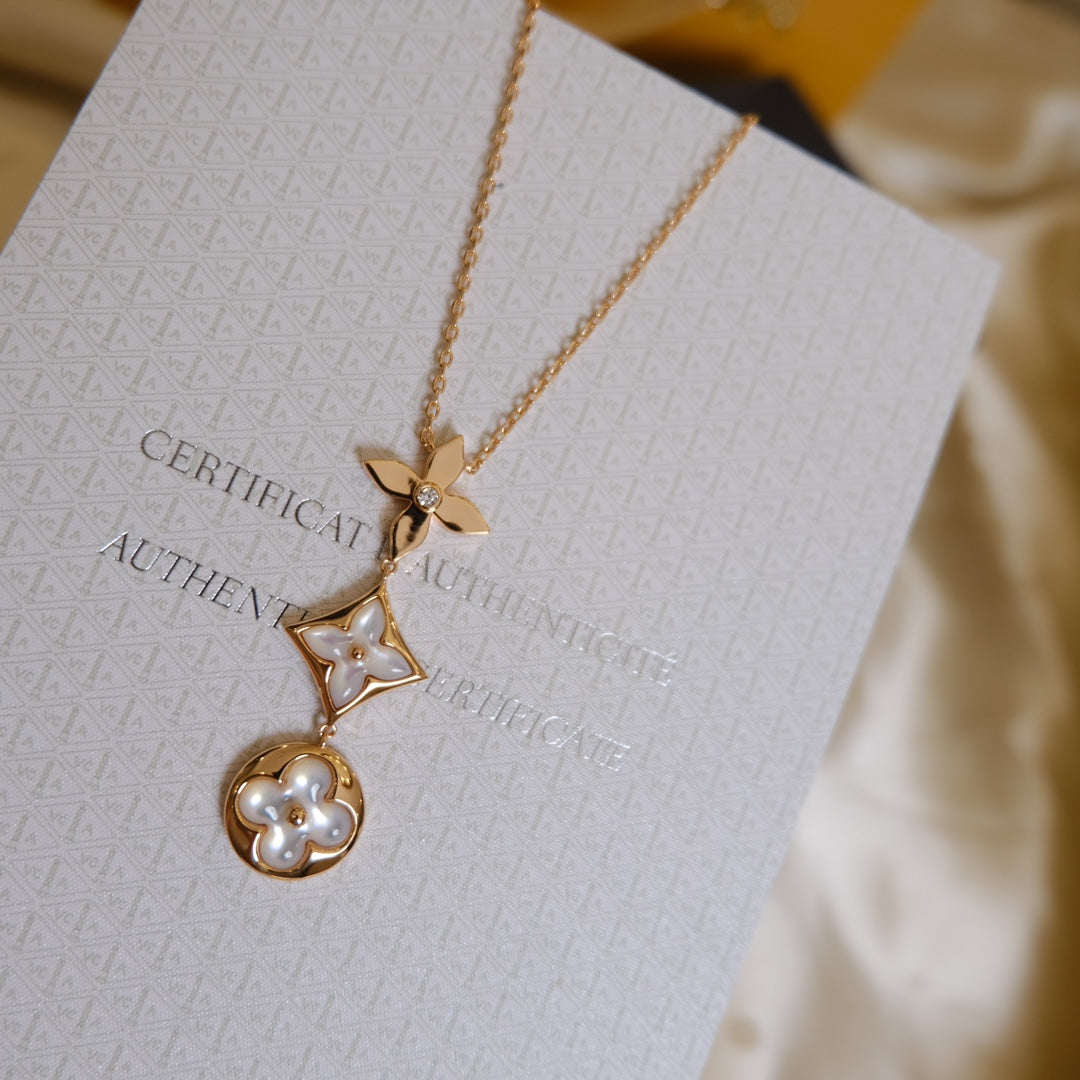 [Kincade Jewelery]COLOR BLOSSOM LARIAT NECKLACE PINK GOLD WHITE MOTHER PEARL AND DIAMOND