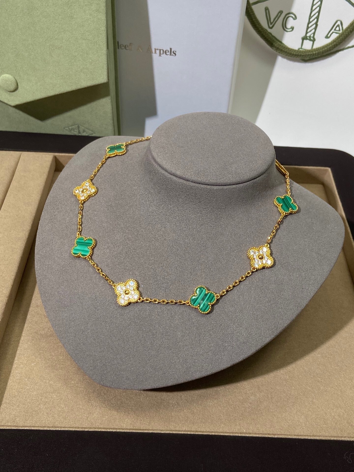 [Kincade Jewelrys]CLOVER 10 MOTIFS MALACHITE DIAMOND NECKLACE